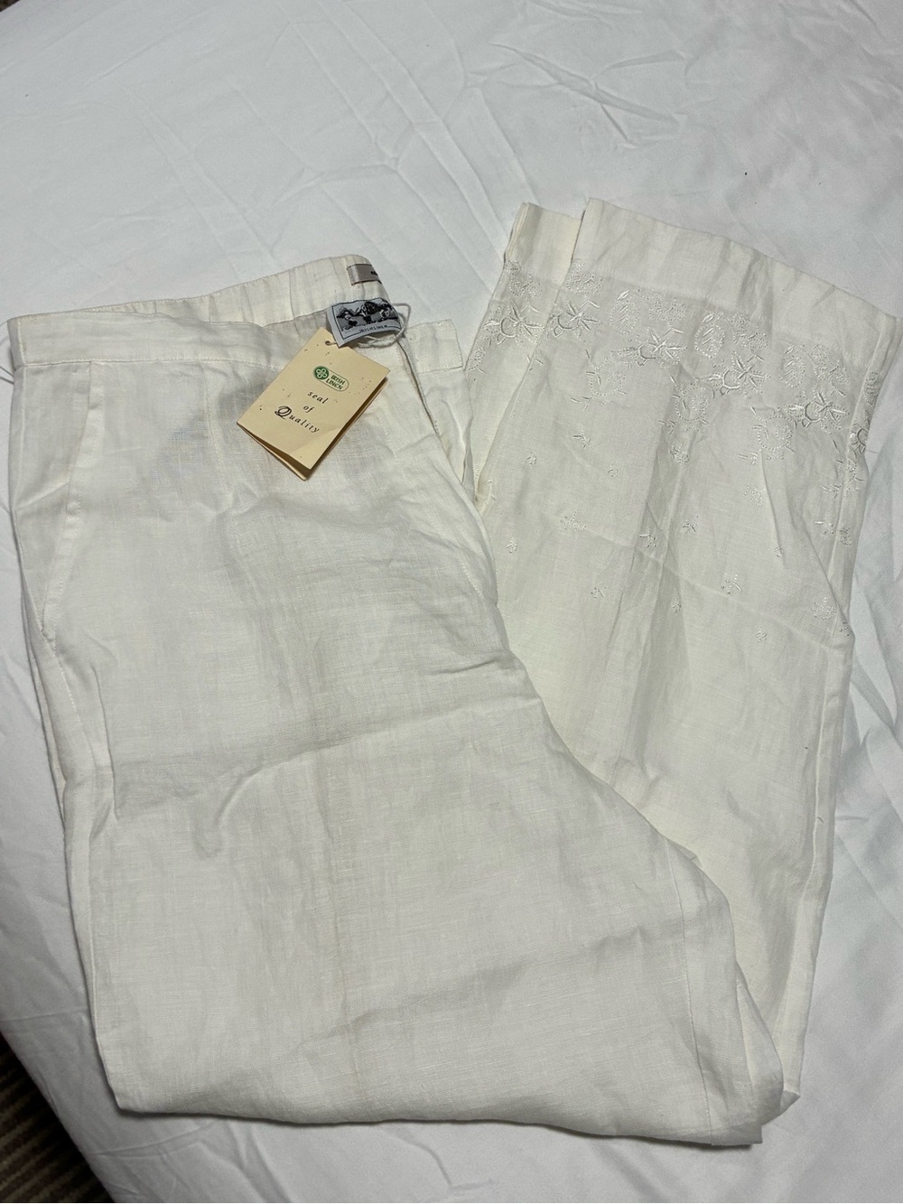 Irish Linen L NWT VTG Embroidered Straight Leg Linen Pants in White Lightweight - Picture 15 of 15